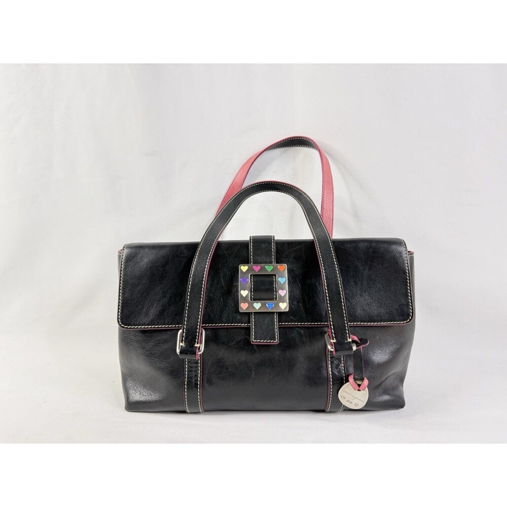 Vintage Dooney & Bourke Black Leather Square Hearts Flap Tote Handbag Y2K VGC